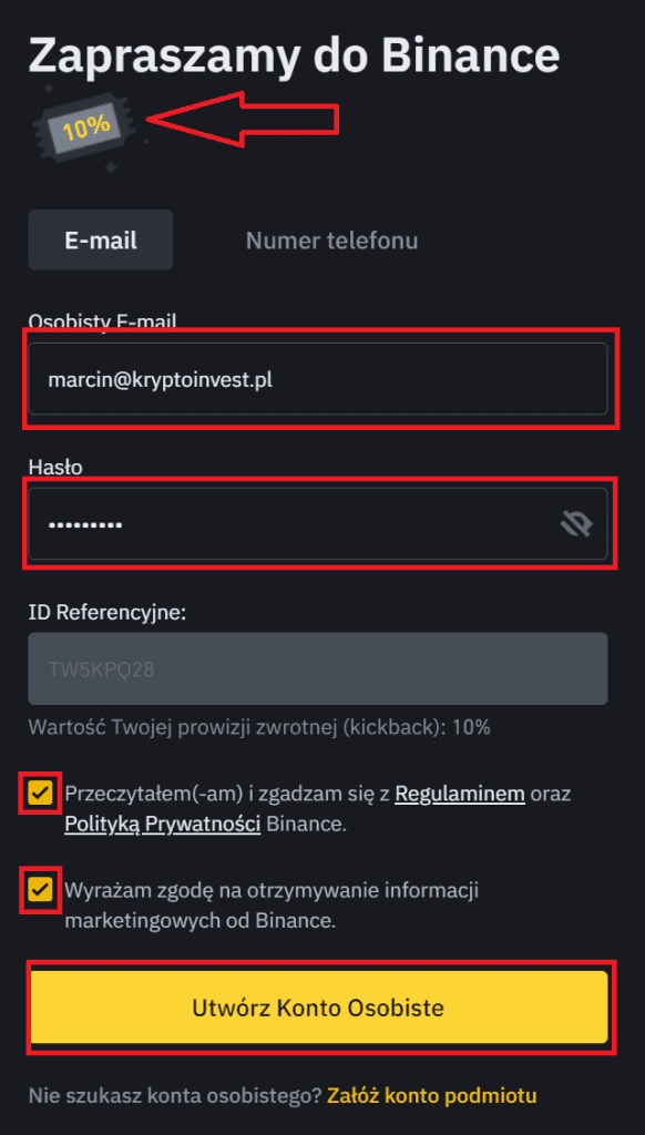 Zakładanie konta Binance